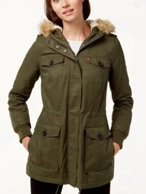 Levi's Olive Green Hooded Utility Parka with Faux-Fur Trim
